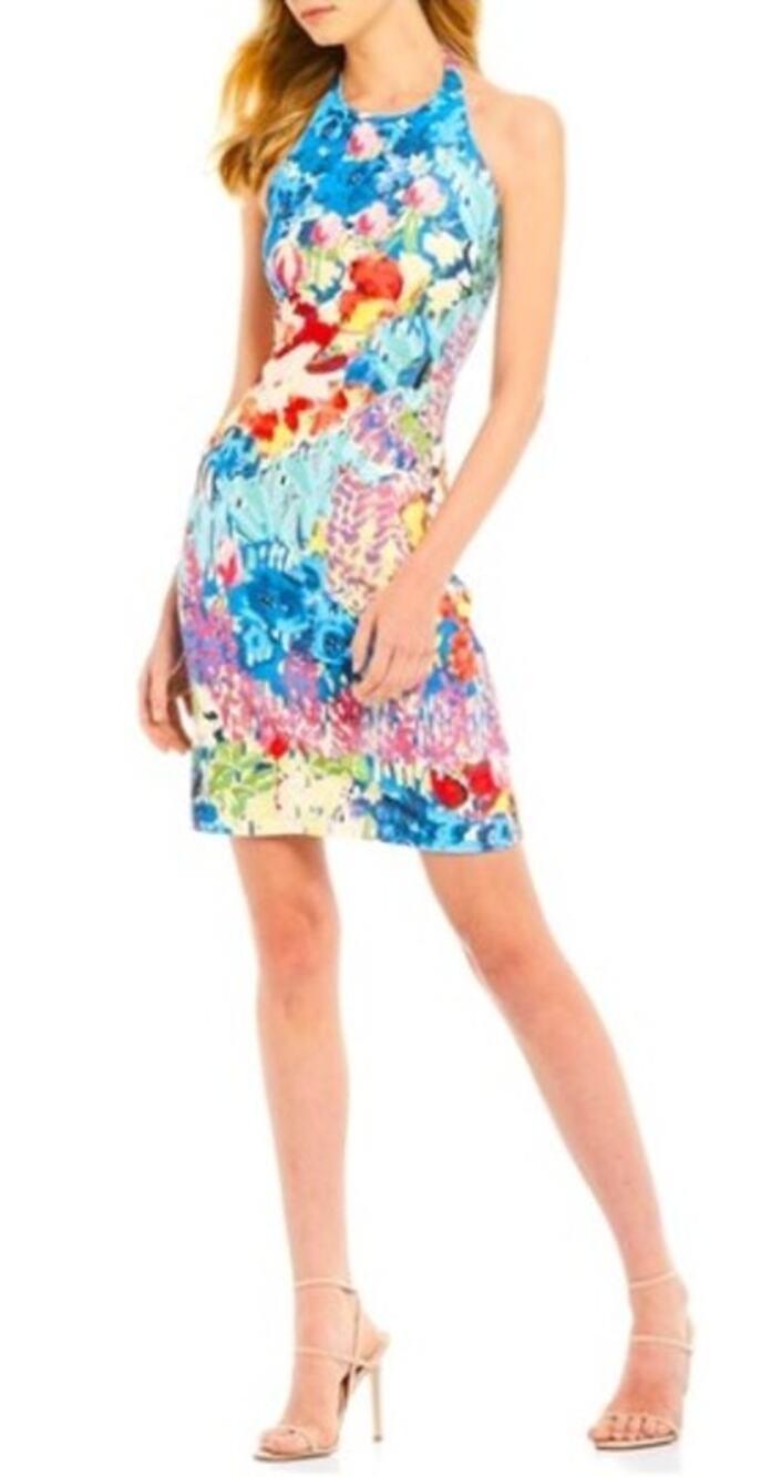 BELLE BADGLEY MISCHKA Fatima Floral Halter Dress Size 6 Open Back Sheath